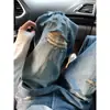 Jeans rasgados estilo americano para mujer, nuevo estilo de verano, talla grande, para tipos de cuerpo de pera, holgados, de cintura alta, adelgazantes, pantalones de pierna ancha