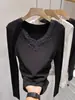Camiseta Base Manga Longa Patchwork de Renda com Decote em V, Forrada com Fleece para Mulheres, Inverno, Slim Fit, Sexy, Tecido Escovado, Emagrecimento, Camiseta Espessa