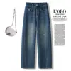 Calça Jeans Feminina Retro Azul Slim-Fit Foice 2026 Outono Nova Cintura Alta Emagrecimento Solta Casual Perna Reta
