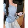 Diseño de Algodón Puro Camiseta Gris de Manga Corta con Hombros Descubiertos para Mujer en Verano, Top Moderno Casual Suelto con Hombro Caído de un Hombro