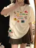 Top Estampado Desenho de Damasco Leitoso Feminino Verão Plus Size Estilo Americano Retrô Nicho Manga Curta Amigo da Pele Algodão Puro Versátil Camiseta