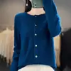 Cardigan de Punto Osmanthus de Primera Línea Cuello Redondo Primavera 100% Lana Estilo Coreano Sencillo Color Sólido Adelgazante Abrigo Suéter para Mujer