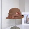Chapéu Bucket de Cetim Plissado Estilo Japonês para Mulheres, Chapéu de Feltro com Aba de Lã Australiana para Outono e Inverno, Chapéu Cloche Moderno e Quente