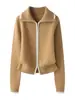 Abrigo de Lana Patchwork Bloque de Color Doble Cremallera Solapa para Mujer Holgado Versátil Viaje Ceñidor de Cintura Cardigan 100% Lana Pura Grueso