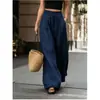 Pantalones de verano de cintura alta, holgados, de pierna ancha para mujer, color liso, cintura con cordón, pantalones largos casuales, estilo europeo y americano transfronterizo, pantalones versátiles de largo hasta el suelo