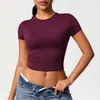 Camiseta Esportiva Curta Redonda Slim Fit Mingda para Mulheres Alta Elasticidade Respirável Roupa de Yoga Corrida Fitness Crop Top Emagrecedor