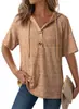 2026 Roupas Femininas Europeias e Americanas Novo Estilo de Verão da Amazon Blusa de Manga Curta com Capuz Ajustável e Botões Waffle Decote V
