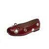 Sapatos Mary Jane Retro Francês com Bolinhas e Laço Femininos Planos Bico Quadrado Sapatilhas Versáteis Confortáveis Corte Baixo Sapatos Únicos