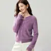 Cardigã de gola redonda 100% caxemira pura escovada para outono e inverno, um top e suéter de tricô minimalista de alta qualidade para mulheres