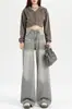 Jeans Grises Anchos de Estilo Retro Americano para Mujer Otoño 2024 Nuevos Pantalones Rectos Sueltos de Tela con Caída tipo Onda hasta el Suelo