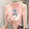 Blusa térmica estampada para meninas, novo estilo outono/inverno, gola semi-alta, camiseta com forro de fleece, adequada para estudantes, com camada interna escovada
