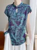 Camisa Retro de Verão com Gola Cheongsam, Estampa em Seda Sintética, Manga Curta, Design Feminino Emagrecedor, Top Estilo Chinês