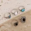 Estilo Étnico Bohemio Retro Europeo y Americano Incrustado con Piedras Preciosas Blancas y Negras y Turquesa Set de 5 Piezas de Anillos de Joyería