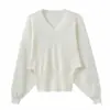 Blusa de tricô casual com decote V solta e mangas morcego para mulheres, novo modelo de início de outono na cor damasco, de manga longa, modeladora, versátil e que marca a cintura