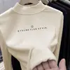 Camisa Base Casual Feminina Nova Outono e Inverno Espessa Manga Longa Forrada com Fleece Gola Meia-altura Espessa Top Estiloso