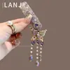 Grampo de Cabelo Roxo Completo de Diamante, Exquisito e Etéreo, Novo Estilo Chinês Borboleta de Cristal com Franja, Presilha Lateral para Arrumar Cabelos Soltos, Acessório de Cabelo BB Clip