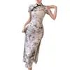 Vestido Retro Estampado Plissado Botonê Transfronteiriço para Mulheres, Cheongsam de Verão Aprimorado com Pintura a Tinta, Saia Longa Justa ao Corpo com Fenda