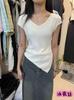 Guangzhou Treze Linhas Prédio Alto Moda Feminina Verão Cintura Curta Manga Curta Tricô Camiseta Irregular Cintura Cordão Design Top