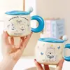 Taza de cerámica de cachorro lindo con tapa y cuchara, regalo de cumpleaños para niños, niñas, parejas, taza de desayuno al por mayor