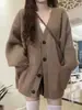 Casaco de tricô cinza de comprimento médio para mulheres outono e inverno outerwear estilo japonês preguiçoso retrô estilo leitoso usar macio pegajoso cardigã de tricô
