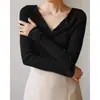 Outono Inverno Tricô Retrô Francês Gola V Feminino Direto da Fábrica Justo Modelador Temperamento Manga Longa Versátil Camisa Base