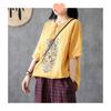 759# Vintage Bordado Fivela V-Neck Manga Curta Algodão e Linho T-shirt Feminino Solto Manga 5 pontos Verão Novo Estilo Étnico Top