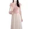 Camiseta rosa de manga corta de seda helada para mujer, verano, corte ajustado, moderna y versátil, adelgazante y entallada a la cintura, top de punto francés