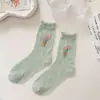 Calcetines de Verano para Mujer Cass Flor de Tulipan Calcetines de Malla Transpirables Frescos de Longitud Media Algodón Estilo Japonés ins Moda