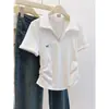 Verão Transfronteiriço Algodão 210g Gola Polo Canelada Cintura Marcada Ombro Normal Manga Curta Camiseta Feminina Slim-Fit Cropped Plus Size