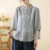 Toma Real de la Nueva Camisa Casual Bordada Retro 2025 para Mujer con Cuello Alto de Botones Sencillos Cárdigan Bordado Elegante
