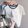 Camiseta de Algodón Color Albaricoque de Manga Corta para Mujer Verano 2025 Nuevo Diseño Bordada Delgada Huafege Efecto Adelgazante Top