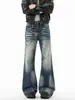 Jeans de alta qualidade com bigodes lavados para homens, calças azuis boca de sino da moda estilo americano para o outono, calças retas vintage estilosas
