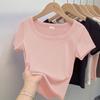Camiseta de Manga Corta para Mujer, Algodón Peinado 90% Spandex 10%, Color Negro Spicy Girl, Verano 2026, Hombro Normal, Top Corto Ajustado, Moderno