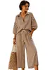 Comercio Exterior Transfronterizo Camisa Rayada Pantalones de Pierna Ancha Conjunto de Dos Piezas Solapa Mangas Abullonadas Cordón Estilo Casual Vacacional Ropa para Mujer Verano