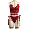 Lencería de Comercio Exterior Europeo y Americano Ropa de Dormir Encaje Hueco Transparente Encanto Sexy Conjunto de Lencería Sexy de Tres Puntos