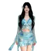 Traje de Baño de Dos Piezas Estilo Hada para Mujer, Bikini Set de Cuatro Piezas, Tie-Dye Azul, Adelgazante, Traje de Baño para Vacaciones en la Playa, Aguas Termales