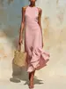 Vestido Largo de Verano Transfronterizo Europeo y Americano de Algodón y Lino con Cuello Halter, Dobladillo Irregular con Volantes y Sin Mangas para Vacaciones