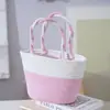 Bolsa tote de fio de algodão trançado cor rosa claro fresco bolsa feminina versátil para carregar na mão bolsa de férias bolsa de praia bolsa de armazenamento