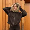 Moletom com Capuz e Gola de Pelo Outono e Inverno Estilo Americano Fechamento com Zíper Cor Sólida Moda Streetwear Versátil Estilo Punk