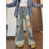 Jeans rasgados de estilo high street americano para mulheres, novas calças de verão vintage de cintura alta retas largas que emagrecem com pernas largas
