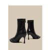 Sapatos Elegantes de Salto Alto Couro Patente Estilo Nicho Estreito Desejo Puro 2025 Novas Botas Curtas Retrô Europeias e Americanas Bico Fino Outono e Inverno para Mulheres