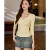 # Artesanato e Produtos Requintados # Camiseta de Manga Longa com Gola V e Botões Estilo Americano para Mulheres, Algodão Premium, Novo Modelo Outono 2026, Blusa de Ombro Regular, Camiseta Base.