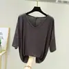 Nueva camiseta de modal con cuello en V y manga media para mujer, top holgado adelgazante de talla grande, camiseta básica casual, camiseta interior fina