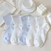 Calcetines para niños con lazo y encaje, calcetines azul claro hasta la pantorrilla para niñas, calcetines finos de malla transpirables dulces para estudiantes para primavera y verano