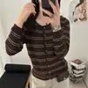Cárdigan de Punto Calado a Rayas Estilo Coreano para Mujer, Suéter Abrigo Delgado Versátil de Manga Larga, Top Delgado de Otoño Temprano con Sentido del Diseño