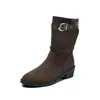 Botas de Mujer Retro Plisadas 2026 Otoño/Invierno Nuevo Estilo Punta Fina Tacón Grueso Media Pantorrilla Estilo Vaquero Botas de Caballero en Color Caqui