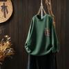 Suéter de Punto de Algodón con Bolsillo Floral para Mujer Holgado Talla Grande Otoño Vintage Casual Pulóver de Cuello Redondo Suéter de Manga Larga
