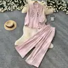 Conjunto de Dos Piezas Casual Holgado de Manga Larga Bordado y Pantalones de Pierna Ancha para Mujer, Atuendo Elegante Adelgazante para Viajes de Otoño