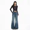 Jeans de pierna ancha para mujer transfronterizos, estilo americano desgastado, deconstruidos, lavados, con efecto bigote, azul grisáceo oscuro, pantalones largos, azul grisáceo oscuro, longitud extendida, Yichun