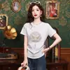 Camiseta bordada de manga corta estilo chino nuevo 2026 para mujer, top de estilo nacional para verano, resistente, con diseño de botón único y cuello redondo